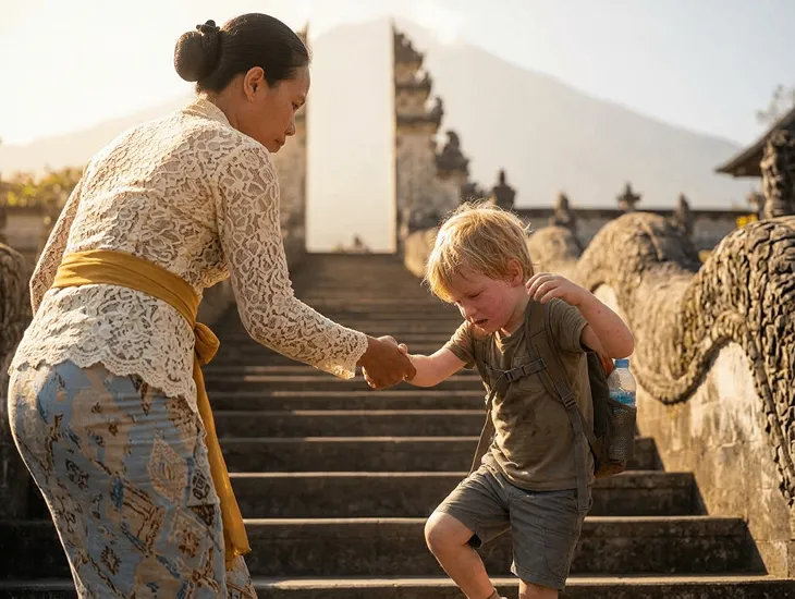 Sitter in Indonesia 2026 – Caregiver guiding children up the steps of a sacred mountain temple.
