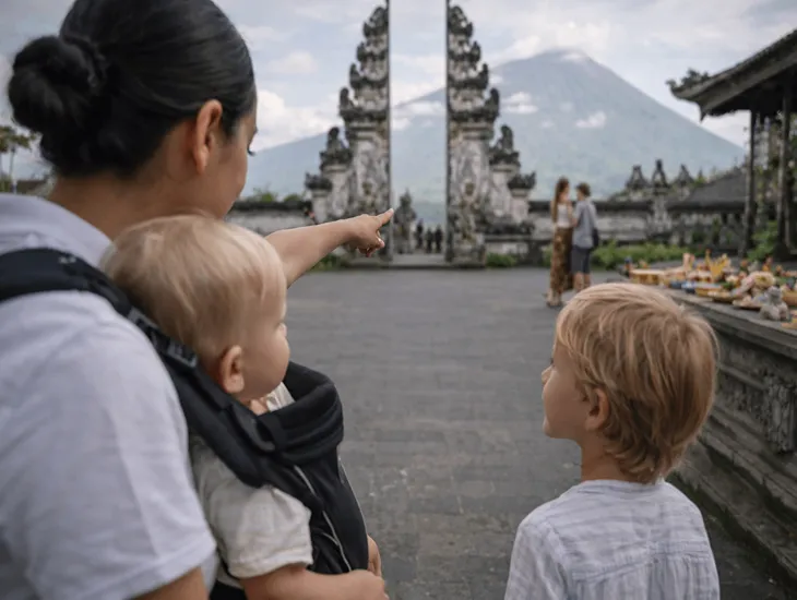 Cultural Learning in Bali 2026 – Caregiver explaining temple offerings to a child at a shrine.