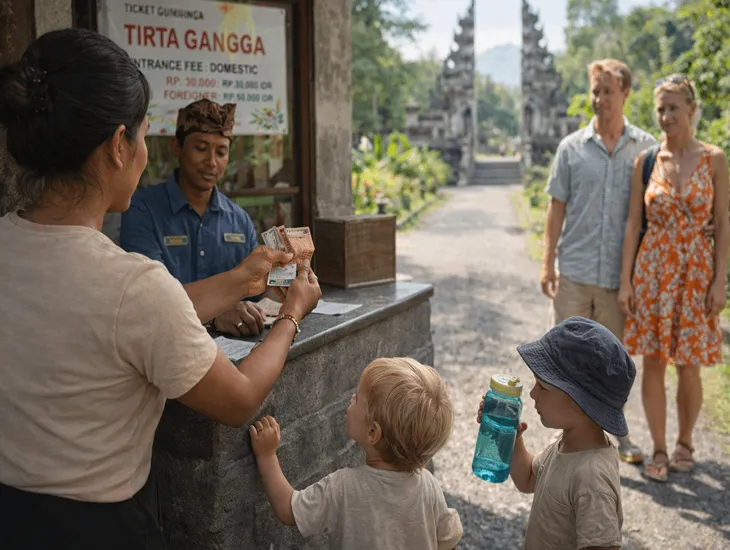 Tirta Gangga in Bali 2026 – A Sitter in Indonesia helping a family at the palace ticket booth.