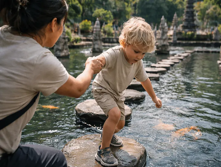 Tirta Gangga in Bali 2026 – A childcare specialist applying sunscreen to a child near the pond.