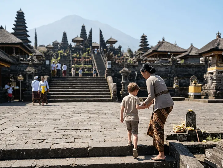 Besakih Temple in Bali 2026 – A professional Sitter in Indonesia guiding a family through the Mother Temple shrines.