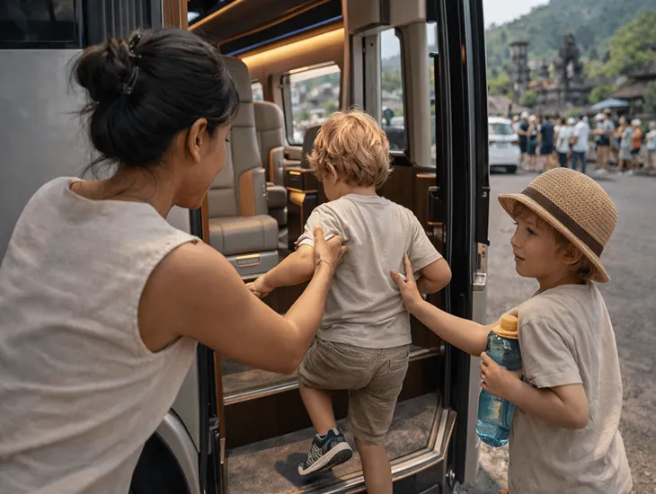 Besakih Temple in Bali 2026 – A professional Sitter in Indonesia helping children at the temple ticket booth.