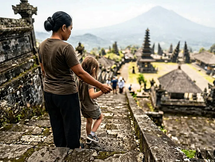 Besakih Temple in Bali 2026 – A professional Sitter in Indonesia holding a child's hand on steep stone stairs.