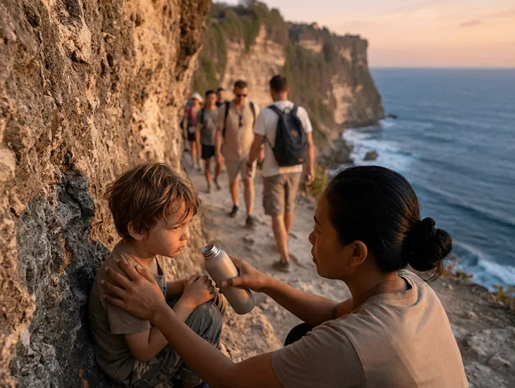 Uluwatu cliffs in Bali with family navigating steep pathways safely, enjoying sunset views, and assisted child supervision