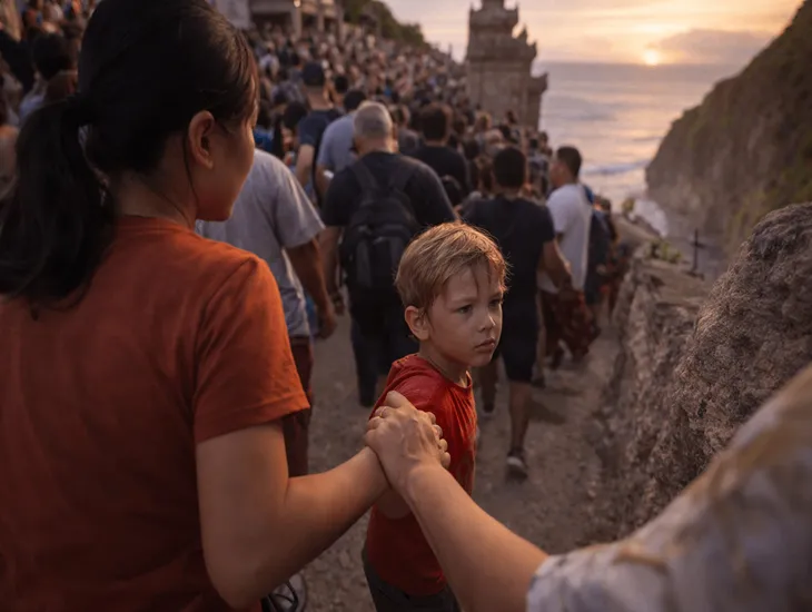 Uluwatu Temple in Bali 2026: A professional caregiver holding a child's hand while observing the sunset at Uluwatu.