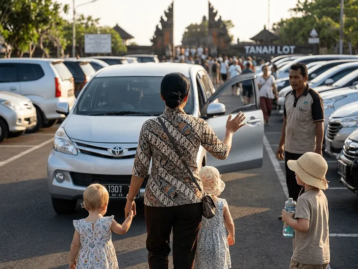 Indonesia Coastal Tourism 2026 – A professional Sitter in Bali managing children at the ticket entrance.