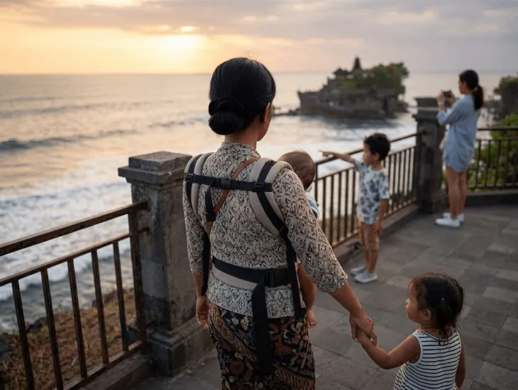 Family Activities in Bali 2026 – Childcare assistant explaining the sea temple tide to school-age kids.