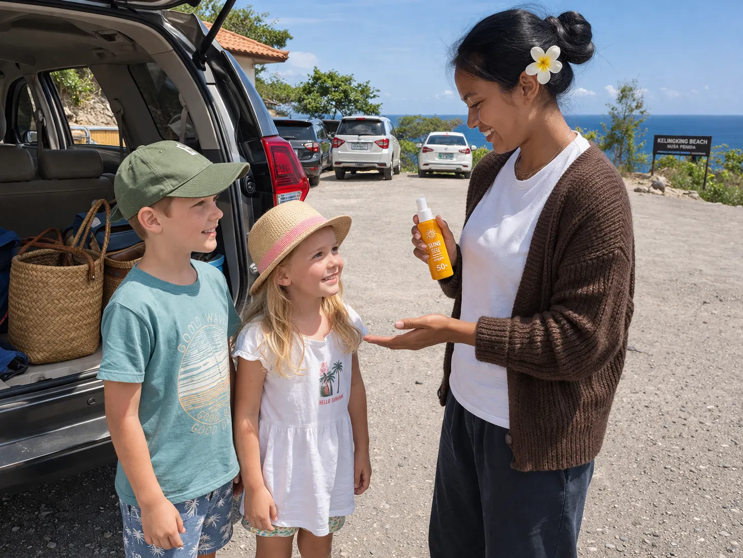 Kelingking Beach in Nusa Penida 2026 – A professional Babysitter in Indonesia manages hydration and sun protection for children outdoors.