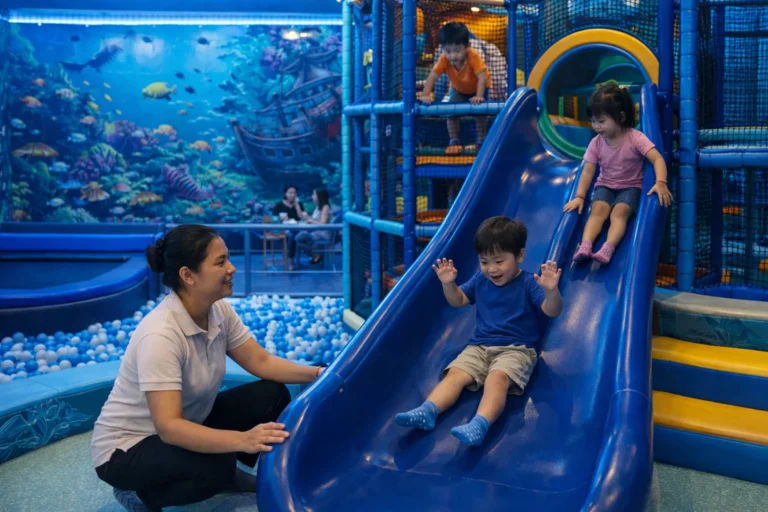 Underwater-Themed Indoor Playground in Bali 2026 – Children enjoying soft play areas under the supervision of a babysitter.
