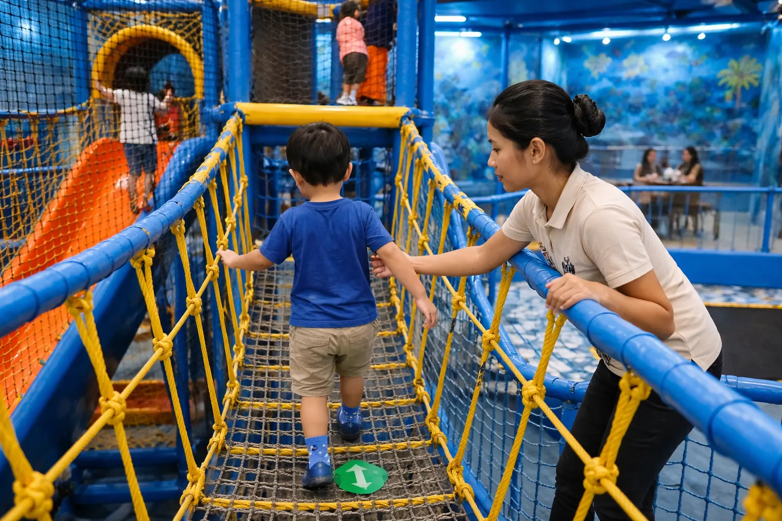 Playground in Seminyak 2026 – A babysitter in Bali guiding a child safely through a climbing structure.