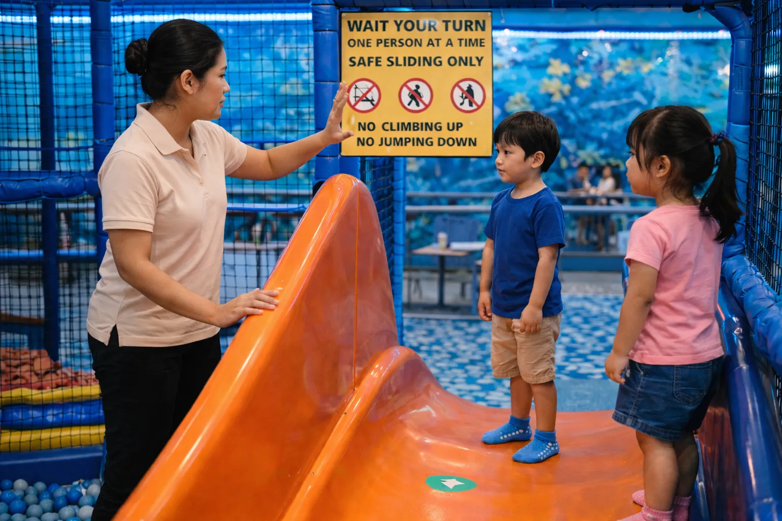 Indoor Play Safety 2026 – A professional childcare assistant reminding kids about slide rules in Seminyak.