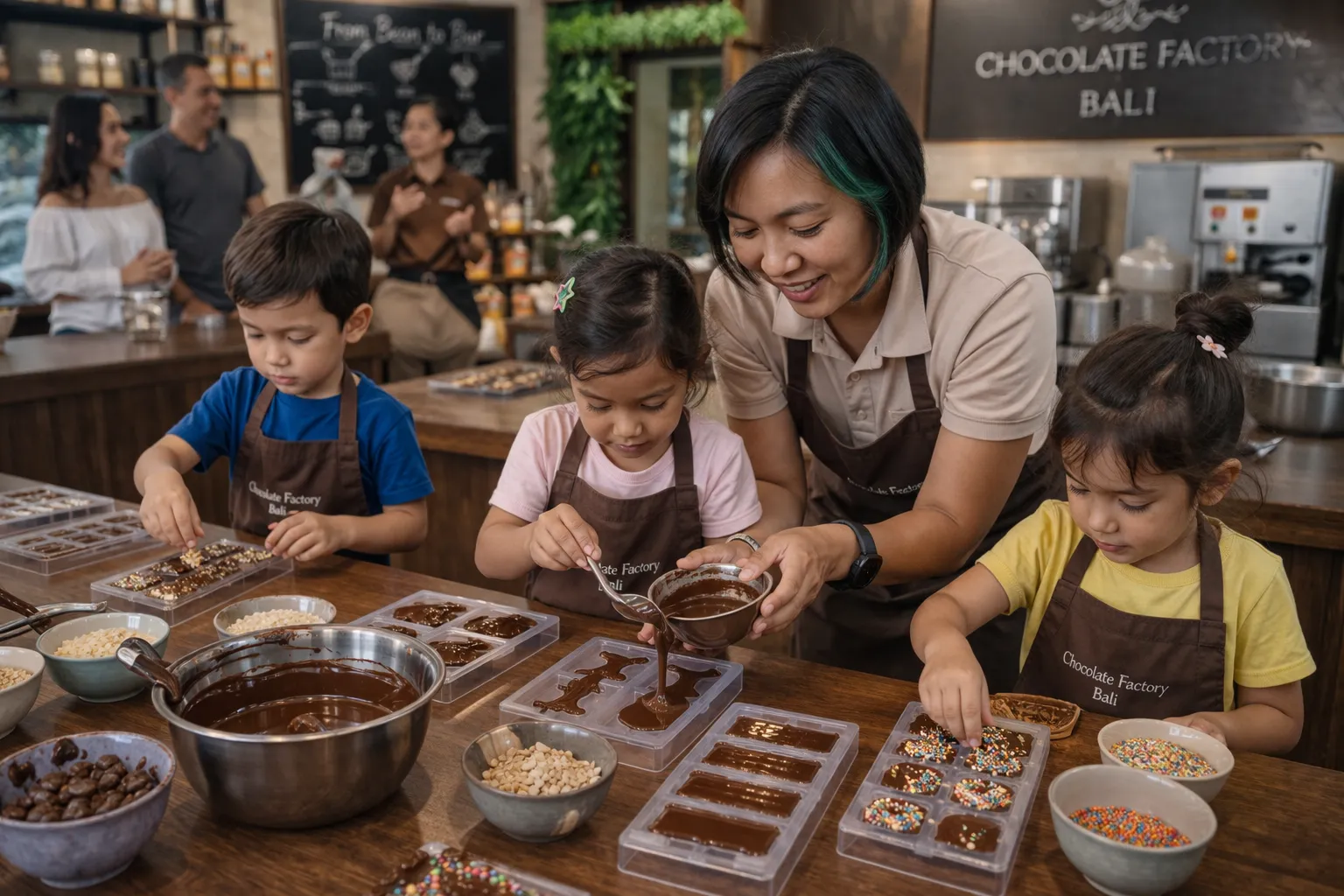 Cacao Tour in Indonesia 2026 – A babysitter in Bali guiding a child's hands during a decorating session.