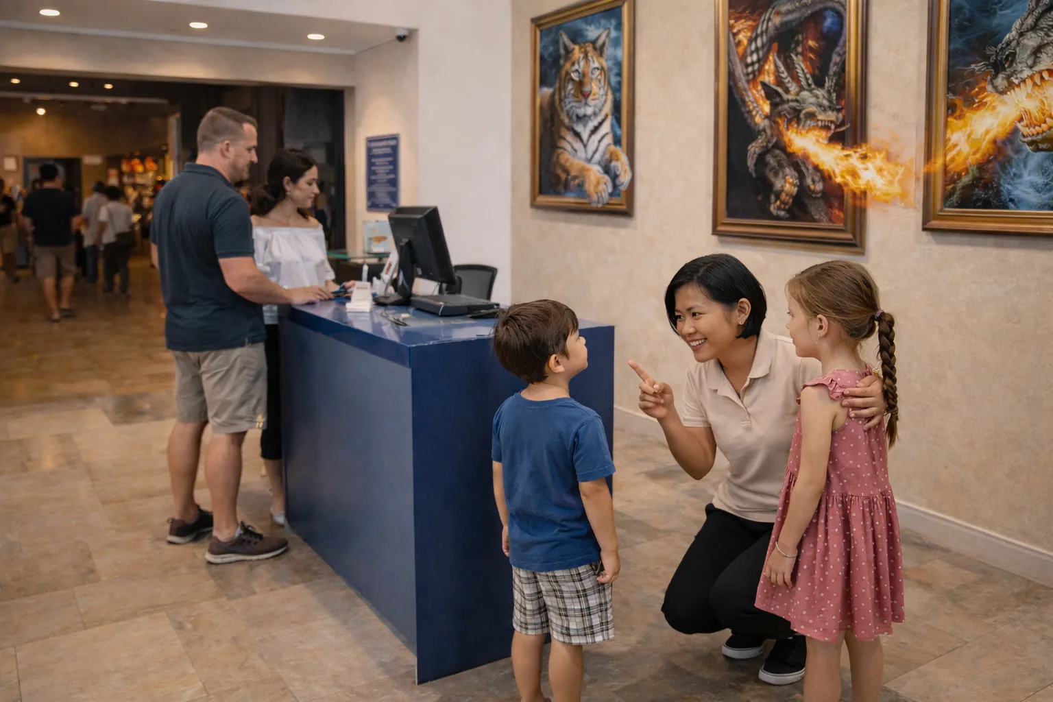 Childcare in Indonesia 2026 – Assistant helping parents buy tickets for indoor museum exhibits.