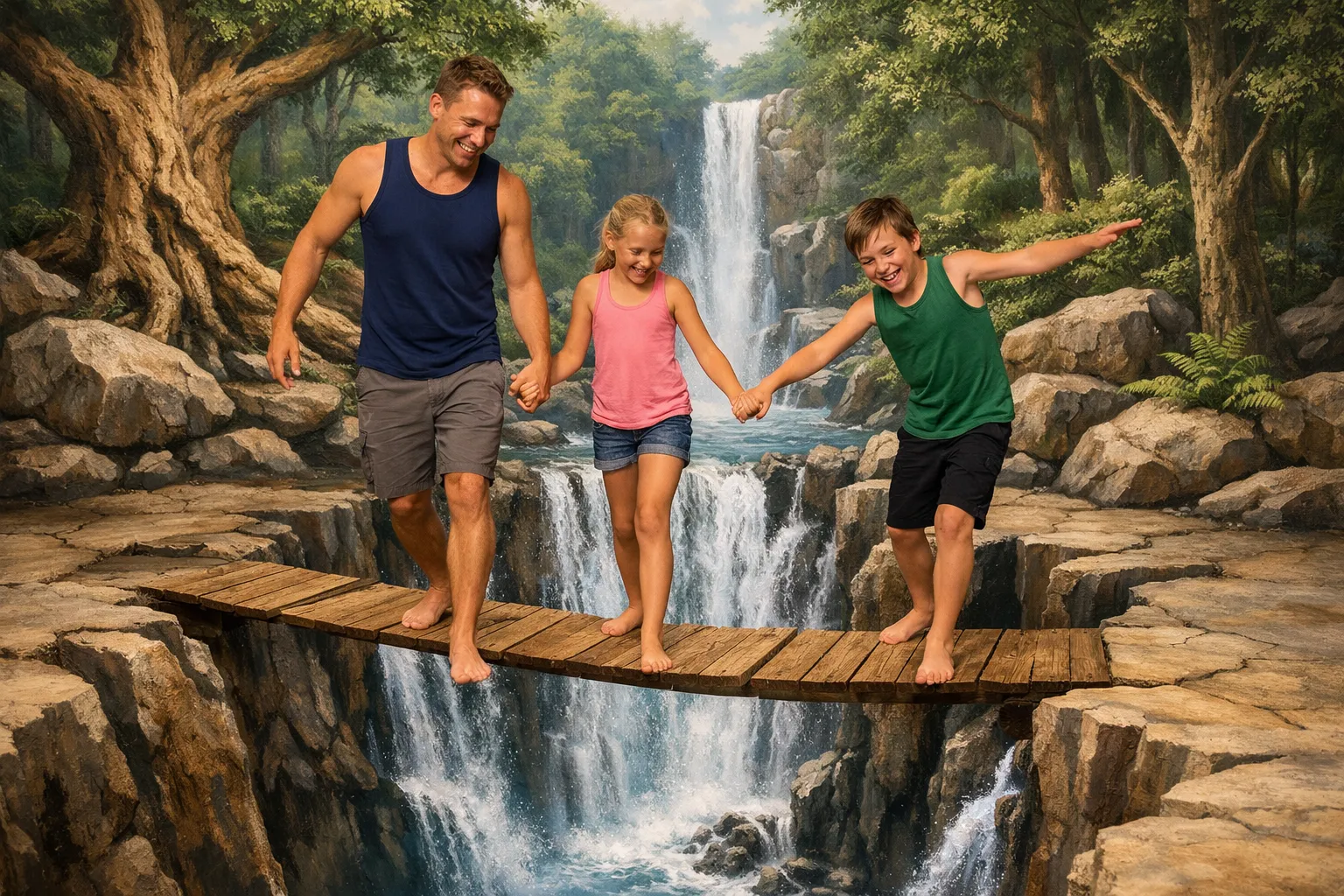 Family trip in Indonesia 2026 – Professional caregiver guiding young children past adult exhibits.