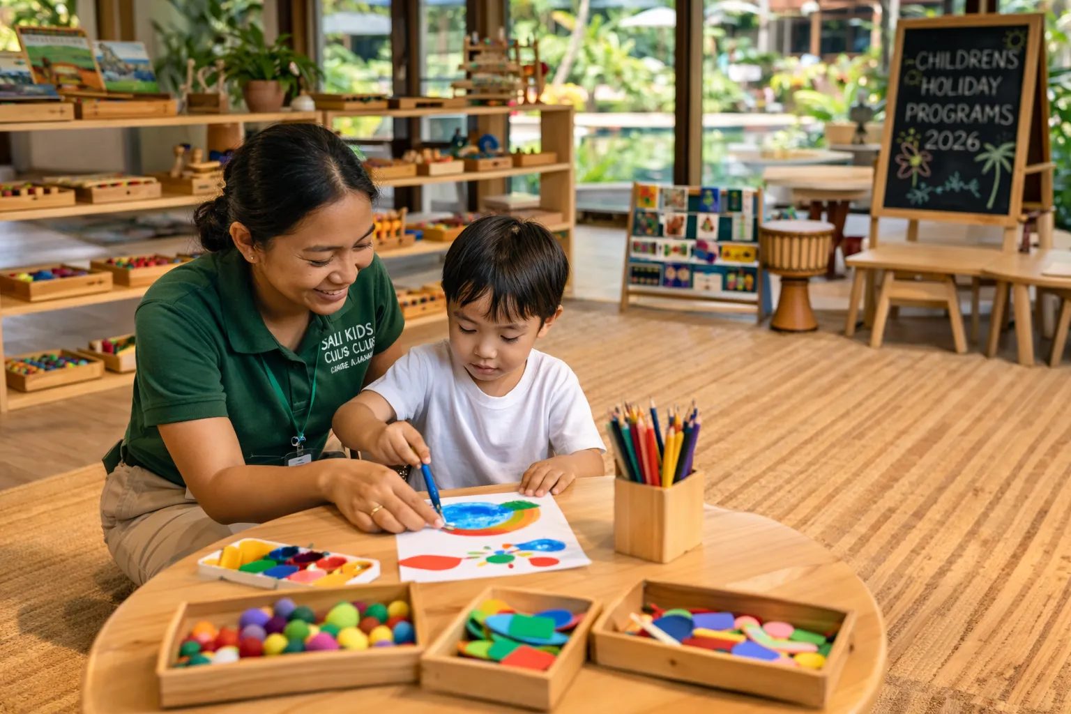 Children's Holiday Programs 2026 – A babysitter in Bali assisting a preschooler with creative crafts at a resort camp.