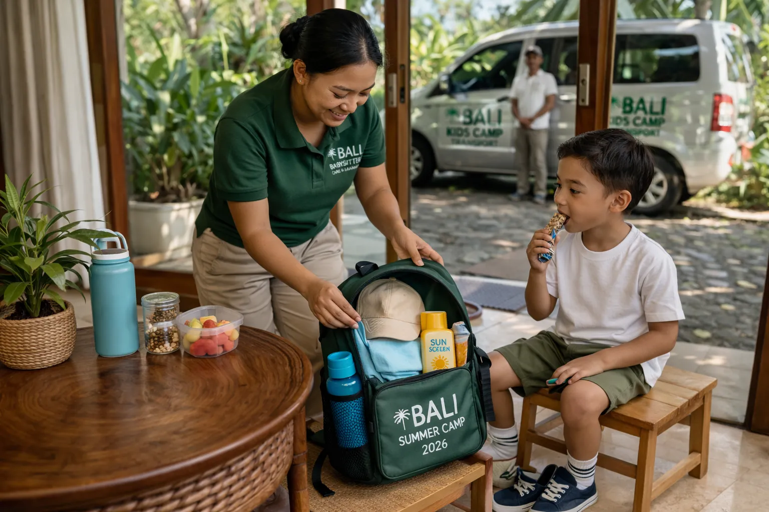 Holiday babysitter Support 2026 – A professional babysitter in Bali managing school-run logistics and snacks for a student.
