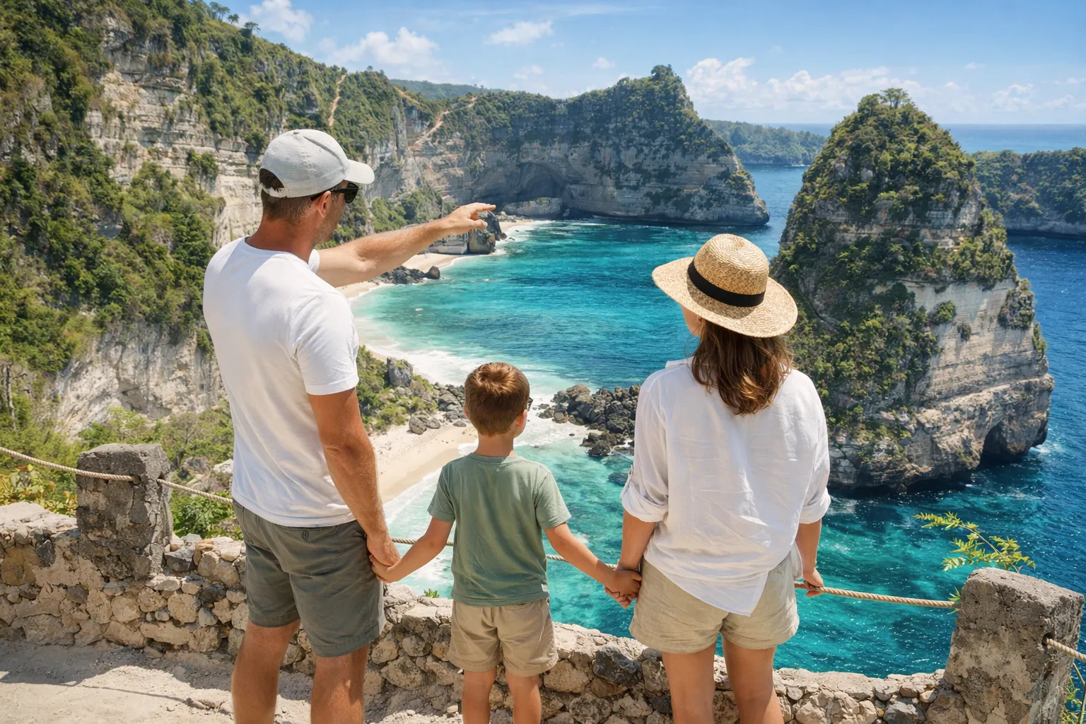 Stairway in Indonesia 2026 – Babysitter supervising children on the cliffside staircase.