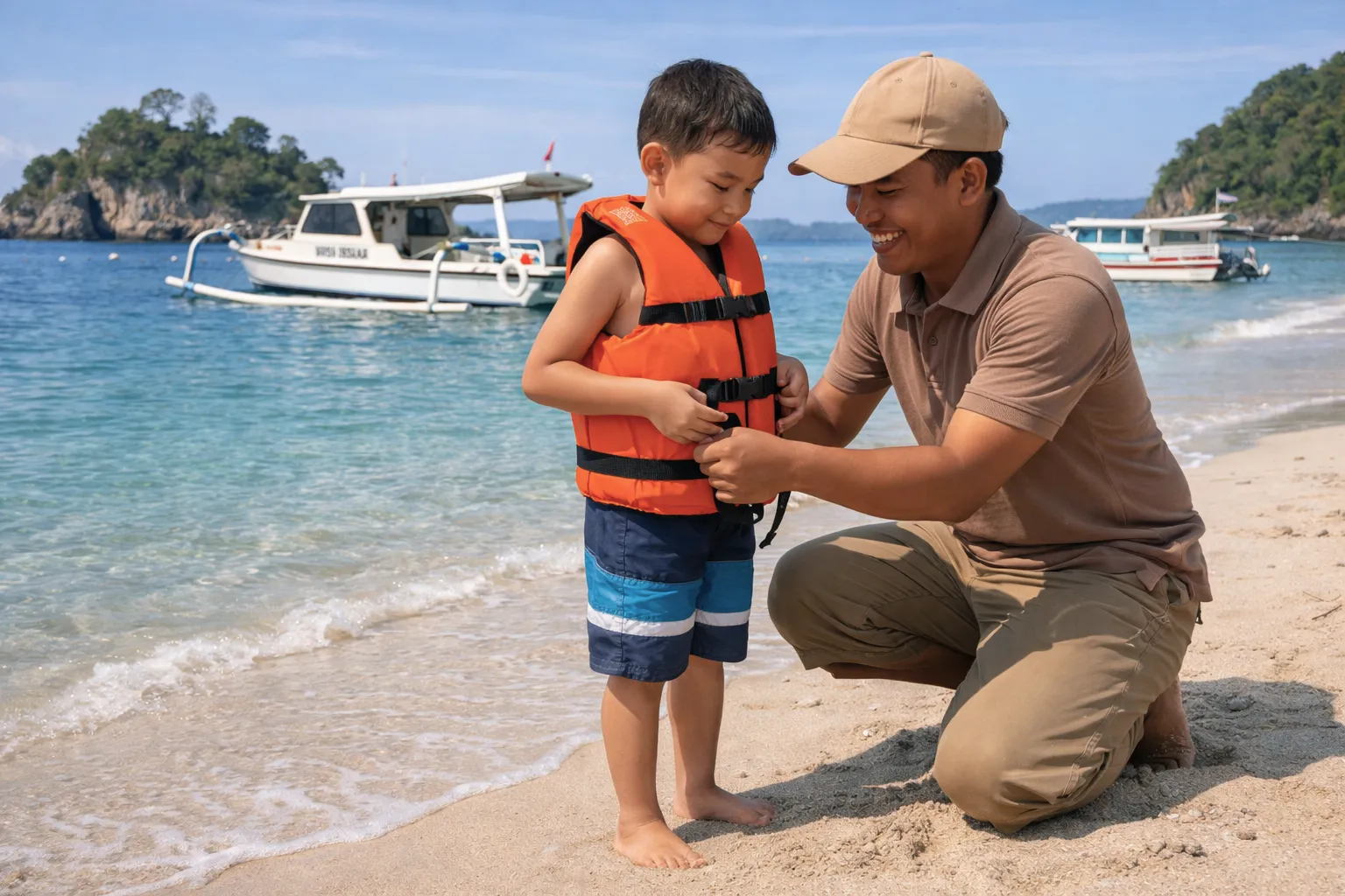 Beach Safety in Indonesia 2026 – babysitter in Indonesia helping a toddler adjust a life jacket at Crystal Bay in Nusa Penida.