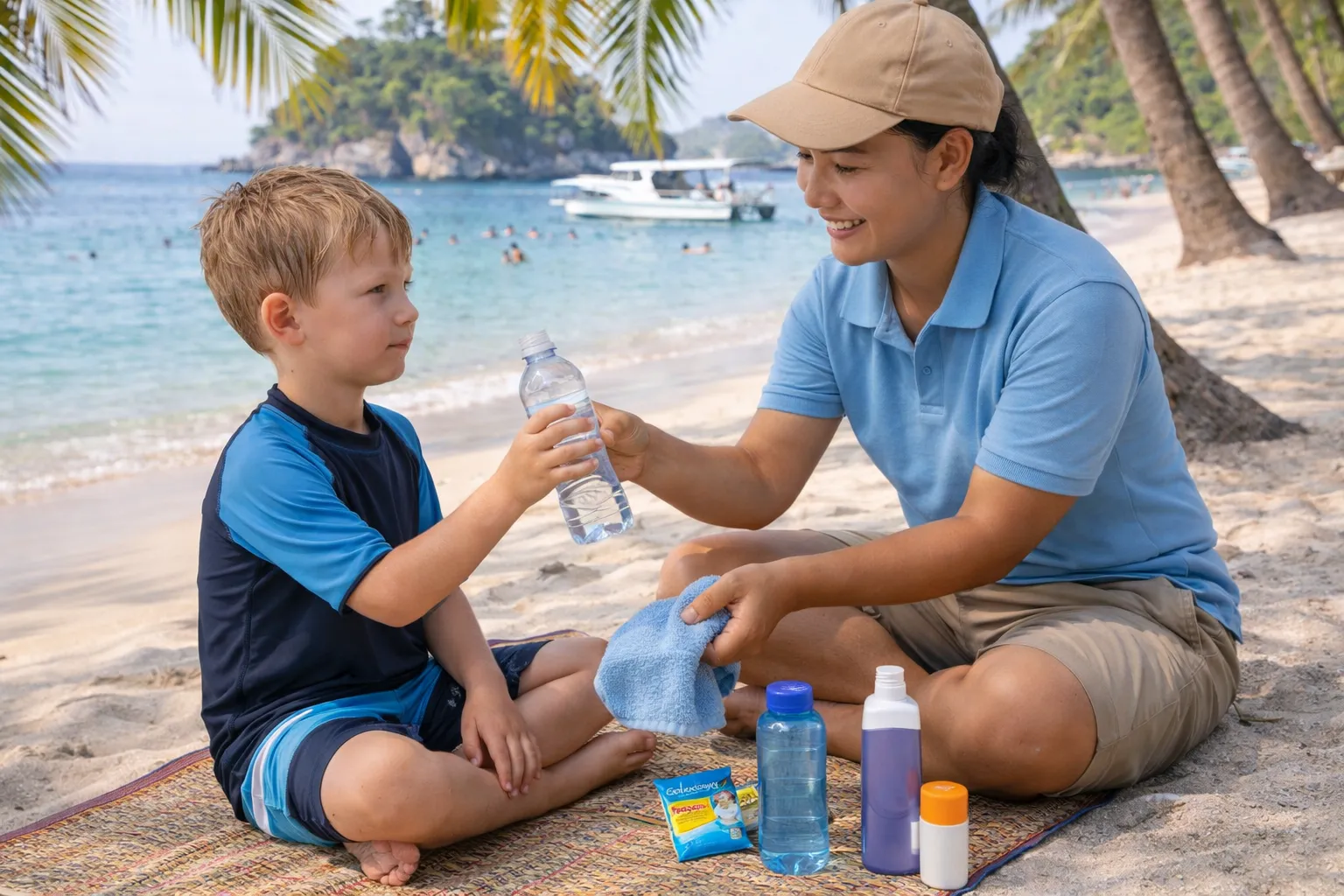 Babysitter in Bali 2026 – babysitter in Indonesia managing a hydration break for children at Crystal Bay in Nusa Penida.