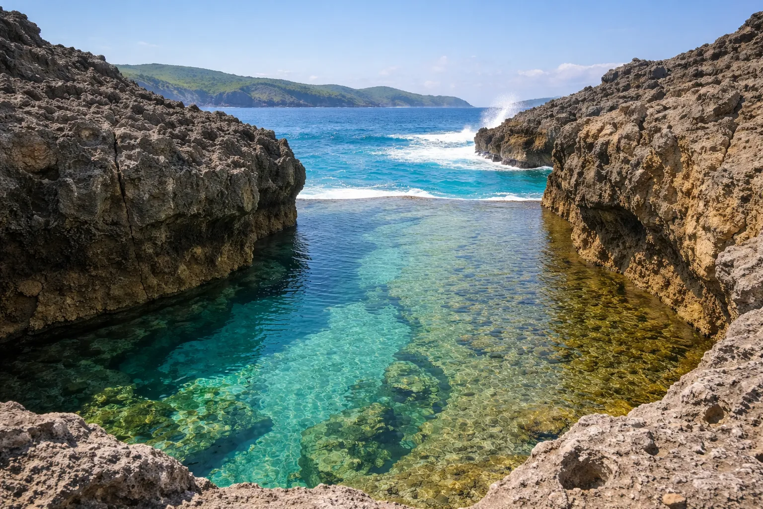 Angel’s Billabong in Nusa Penida 2026 – A professional childcare assistant managing children near the cliff edges.