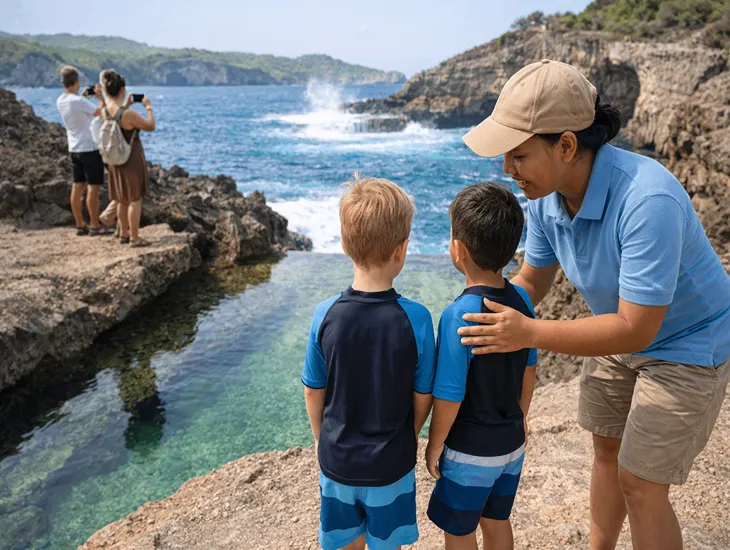 Angel’s Billabong in Nusa Penida 2026 – Families enjoying the coastal scenery with a dedicated caregiver.