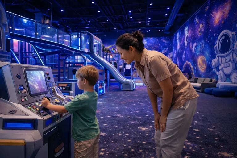 AeroXSpace Sunset Road 2026 – babysitter in Indonesia supervising a child at the space-themed indoor park.