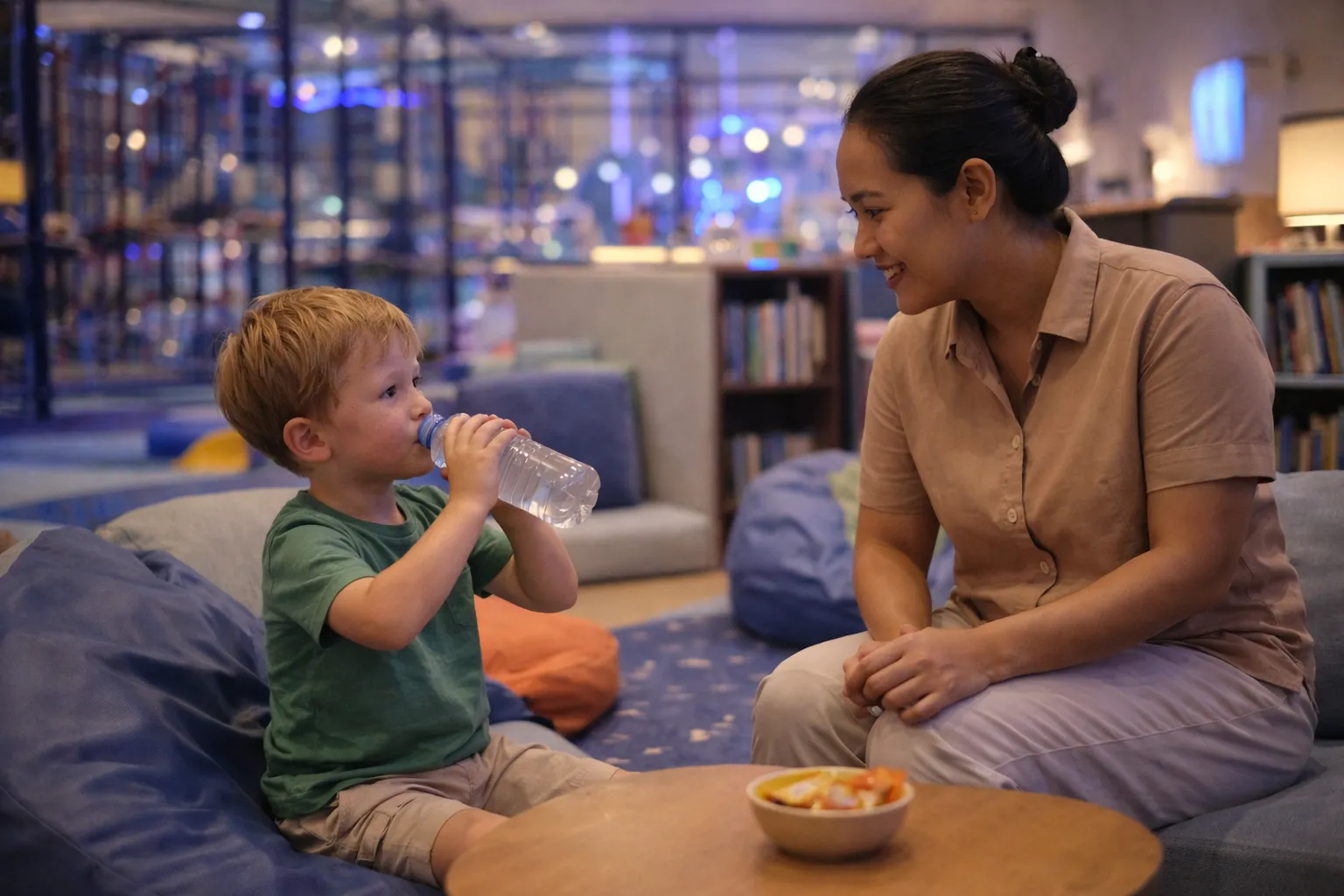 Babysitter in Bali 2026 – babysitter in Indonesia managing a hydration break at an adventure playground.
