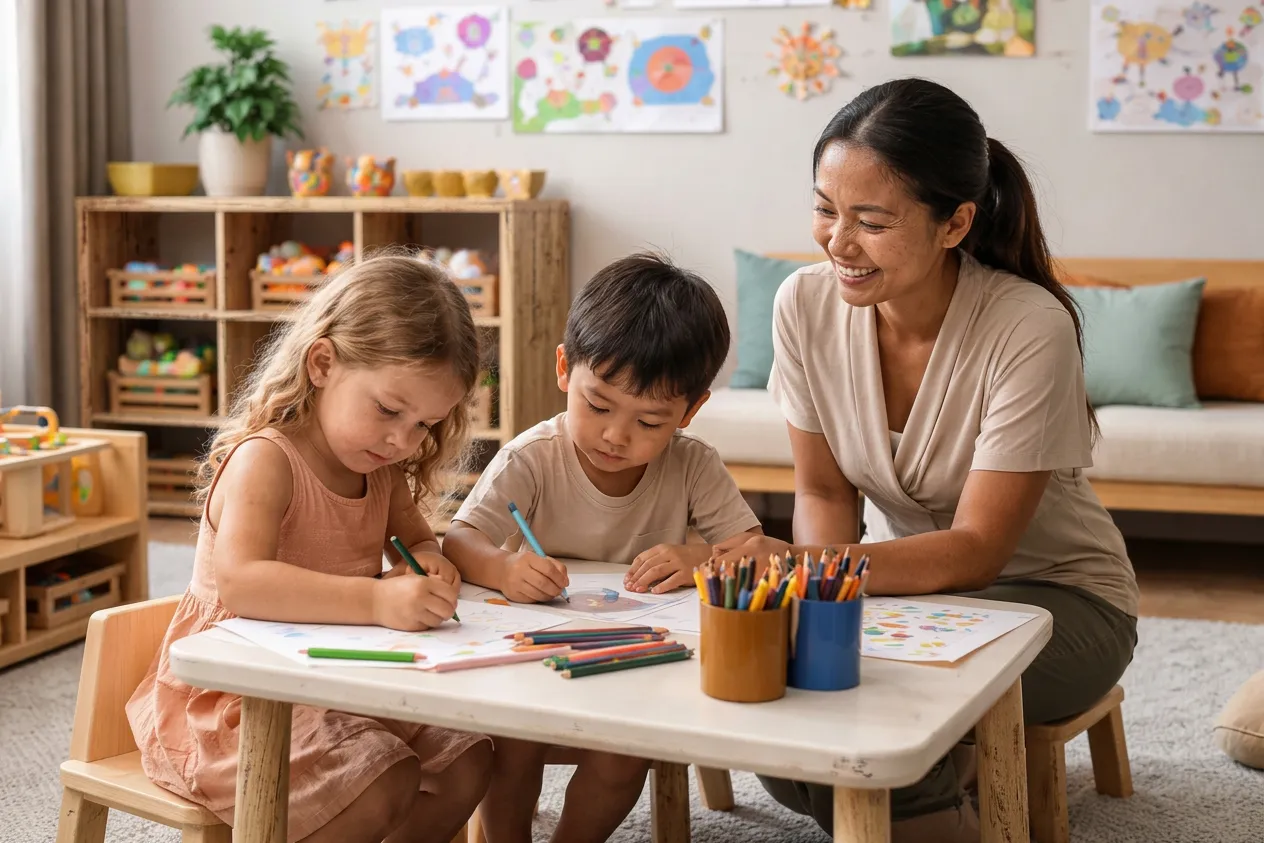 Titi Batu Ubud Club Families 2026 – A babysitter in Bali supervising art and creative play in the air-conditioned kids room.
