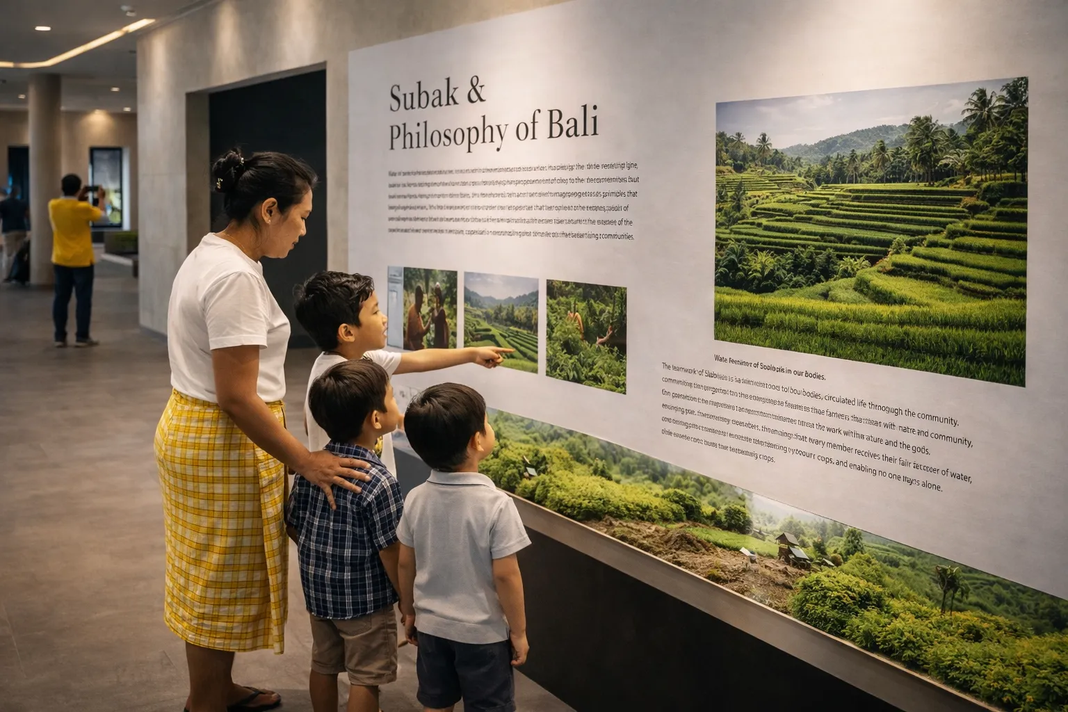 Museum Pacing 2026 – A babysitter in Bali guiding children through various exhibit zones to maintain engagement and calm.