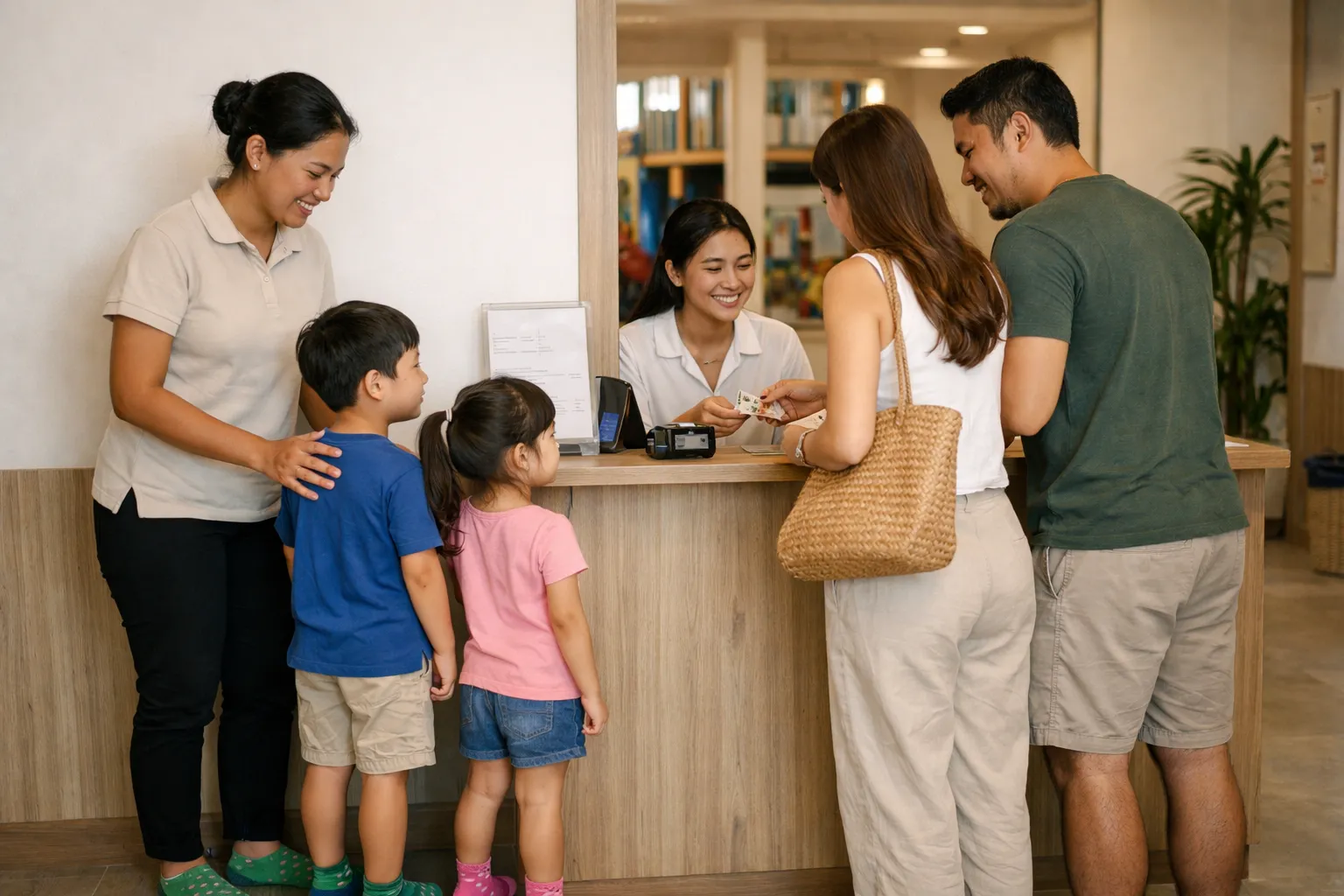 Childcare in Indonesia 2026 – Assistant helping parents buy tickets for an indoor playground excursion.