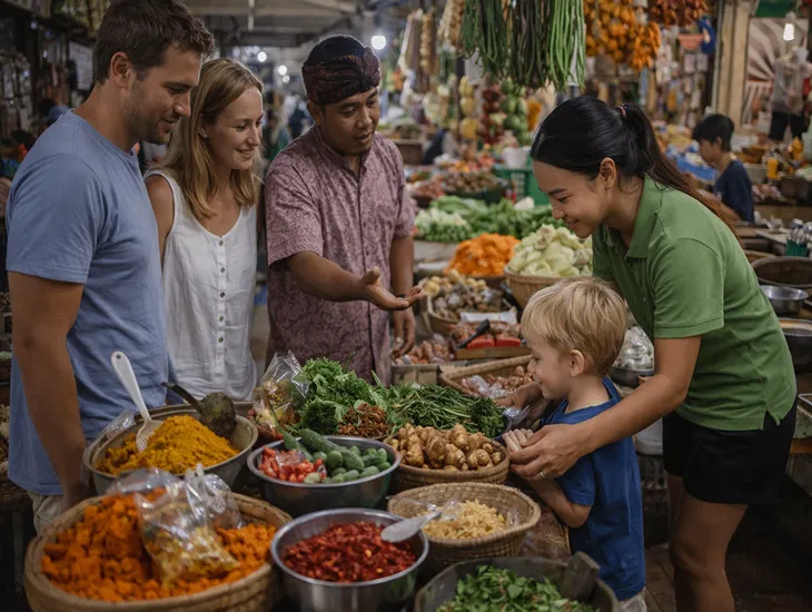 Cooking Class in Bali for Kids 2026 – A professional babysitter helping a child view an elephant from a safe distance.