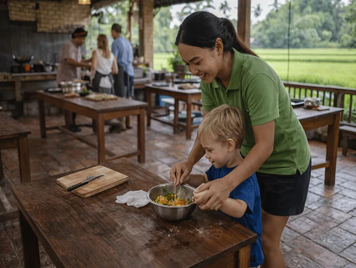 Cooking Class in Bali for Kids – Babysitter supervision, safe kitchen learning, and family-friendly cooking experience