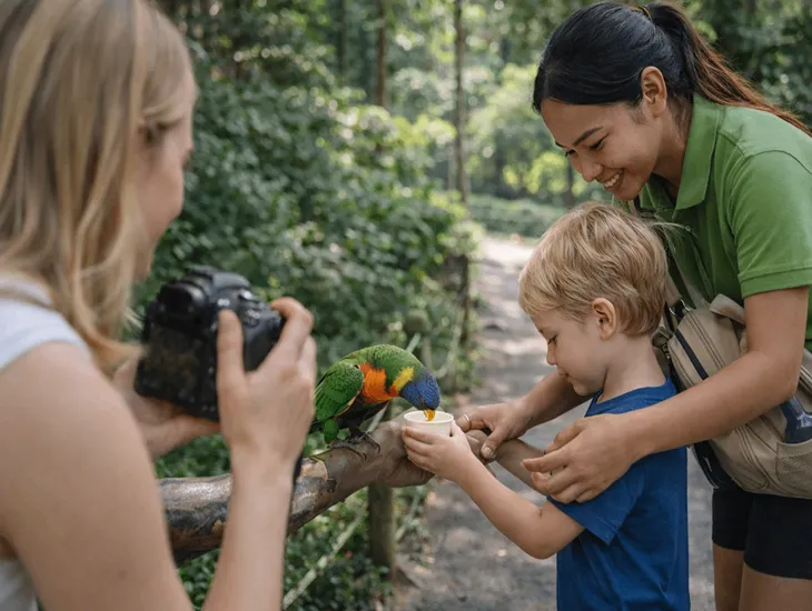 Babysitter Services in Indonesia 2026 – Caregiver supervising a toddler while parents explore a bird sanctuary.