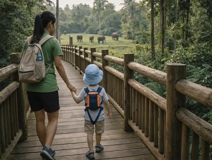 Elephant sanctuary in Bali 2026 – Childcare provider supervising a toddler during a treetop walkway tour in Ubud.