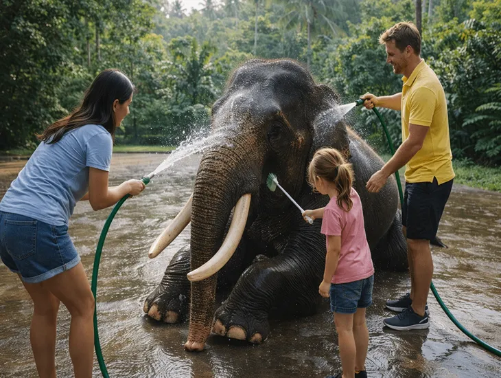 Water activities in Indonesia 2026 – babysitter assisting kids during an elephant washing session in a lake area.