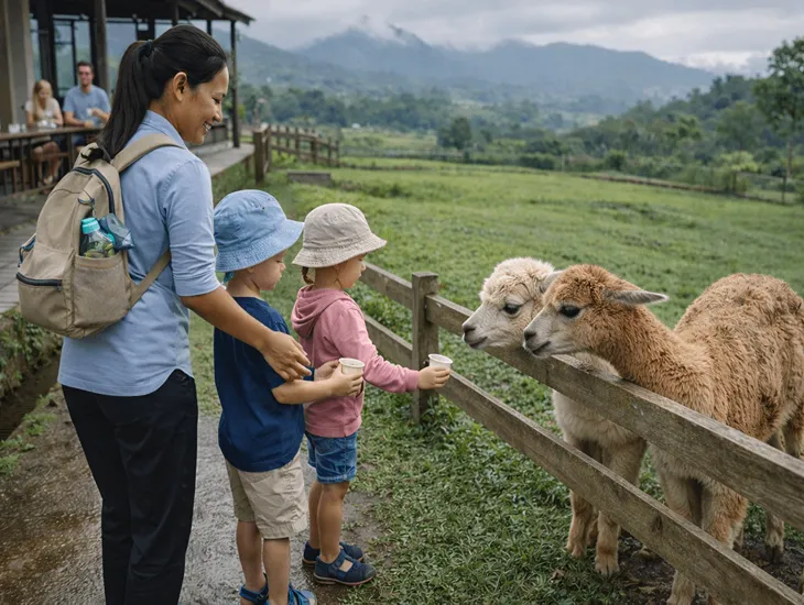 Bali Farm House for Kids 2026 – Professional babysitter in Indonesia supervising children during animal feeding in the scenic Bedugul fields.