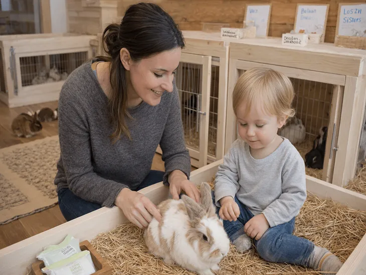 Bali Farm House for Kids 2026 – Childcare provider in Bali helping a toddler pet a rabbit in the nursery area.