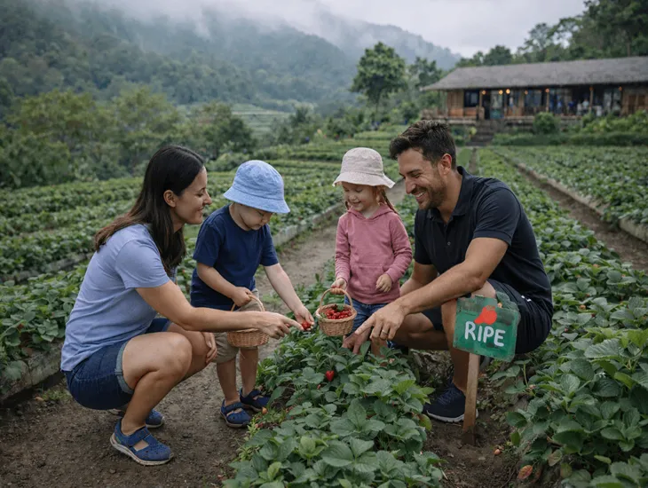 Bali Farm House for Kids 2026 – Babysitter in Indonesia supervising children during seasonal strawberry picking in the Bedugul gardens.