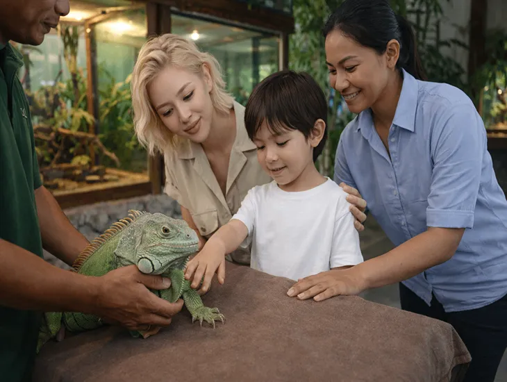 Reptile Park for Kids in Bali 2026 – A child touching a green iguana under the guidance of a professional caregiver.