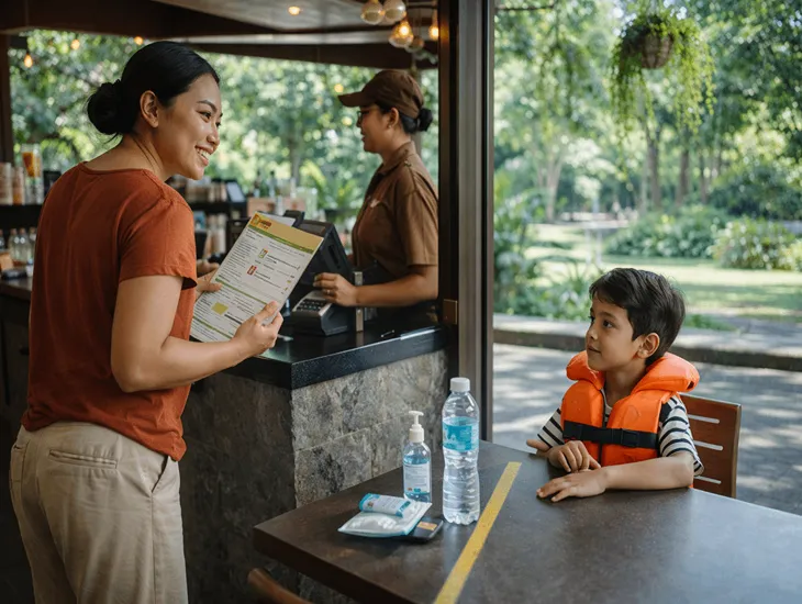Childcare in Bali 2026 – A professional caregiver and a child wearing life jackets in a pool.