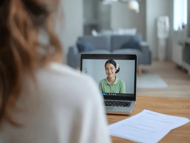 Caregiver Selection 2026 – A mother reviewing documentation and contracts with a new babysitter.