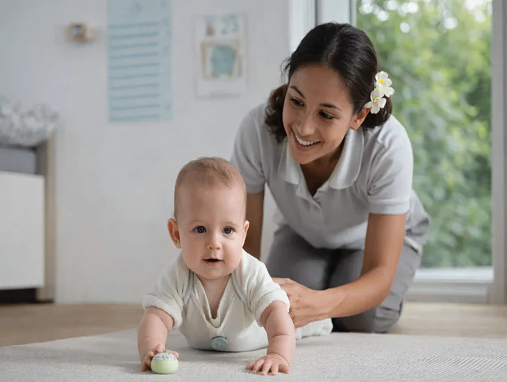 Infant Development Bali 2026 – Supervised tummy time on a clean mat to strengthen neck and core muscles for crawling.