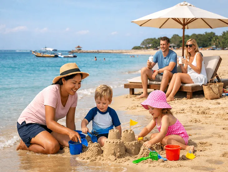 Family Beaches in Indonesia 2026 – Childcare provider building sandcastles with toddlers safely.