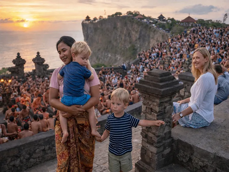 Travel babysitter in Indonesia 2026 – Caregiver carrying a tired toddler safely during a temple visit.