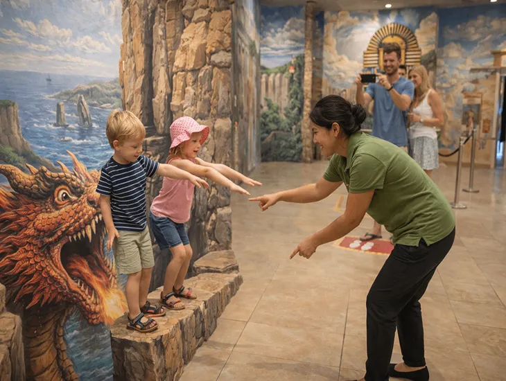 Interactive Art in Indonesia 2026 – A professional caregiver supervising children at an interactive 3D exhibit.