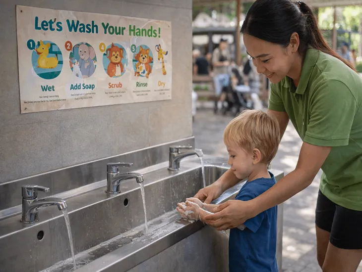 Babysitter Services in Indonesia 2026 – Caregiver helping a child wash hands after a petting zoo visit.