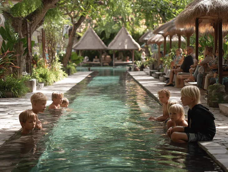 Folk Pool & Gardens Ubud 2026 – Unfenced main pool, unclear lifeguard policies, slippery wet tiles, and arm’s‑reach toddler supervision