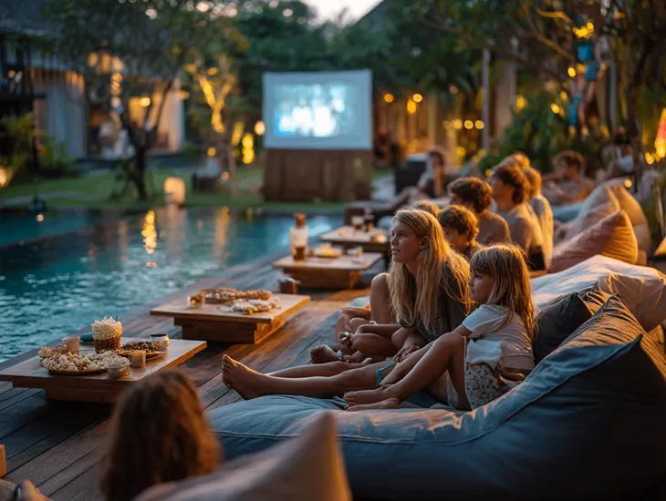 Folk Pool & Gardens Ubud 2026 – Toddler step-splash play, quiet supervised games, deeper-water rules for older kids, and calm movie nights with caregiver support