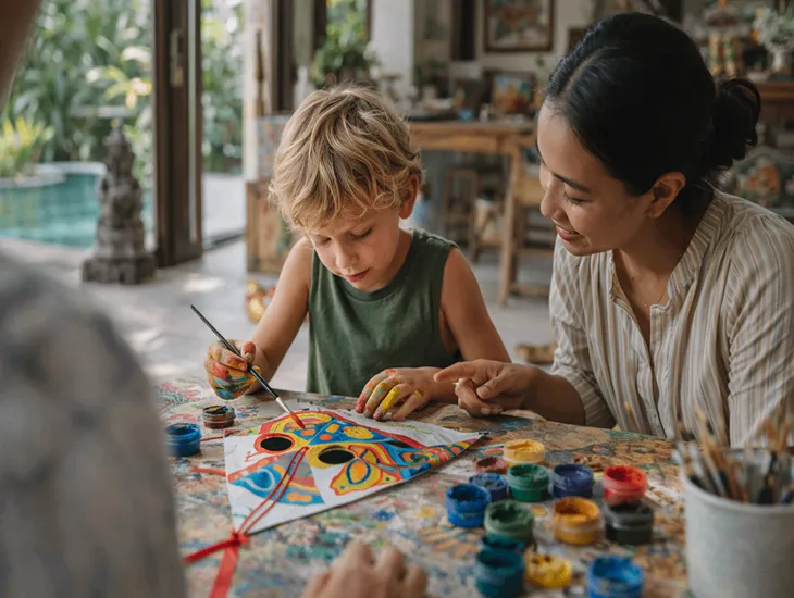Artistic Play in Bali 2026 – Decorating traditional cardboard masks and kites with kids