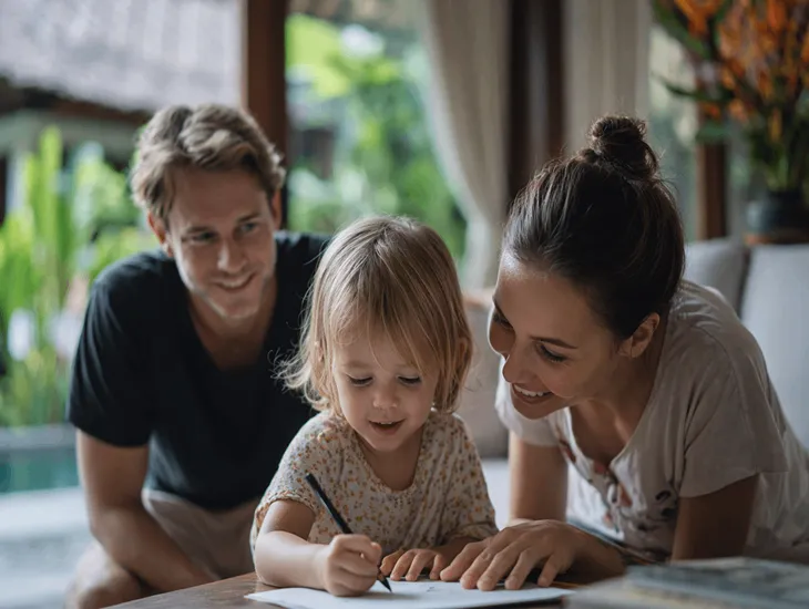 Effort-based praise in action – parent encouraging child persistence during homework and language learning in a Bali home setting